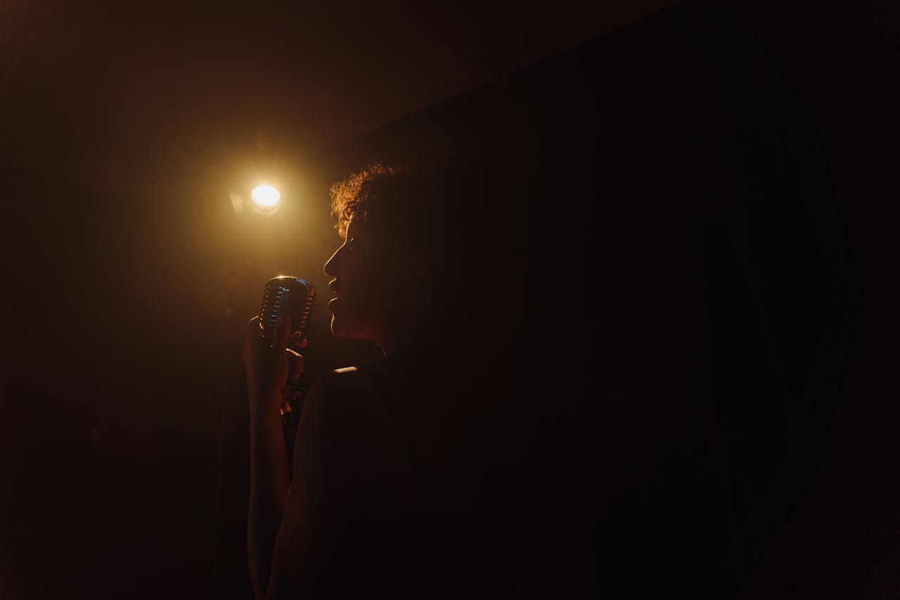 gallery-04 A dramatic silhouette of a woman holding a vintage microphone, caught in warm stage light.